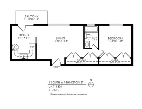 A floor plan of an apartment at 1 South Washington St.